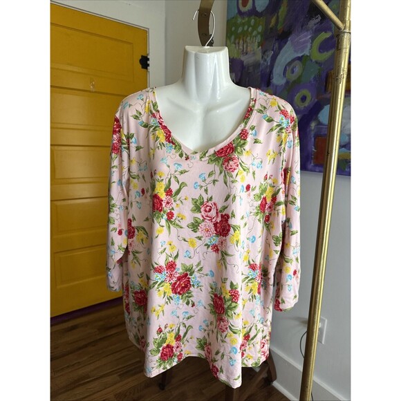 The Pioneer Woman XL Pink Floral 3/4 Sleeve V-Neck Soft Stretchy Top Tee - Picture 1 of 6